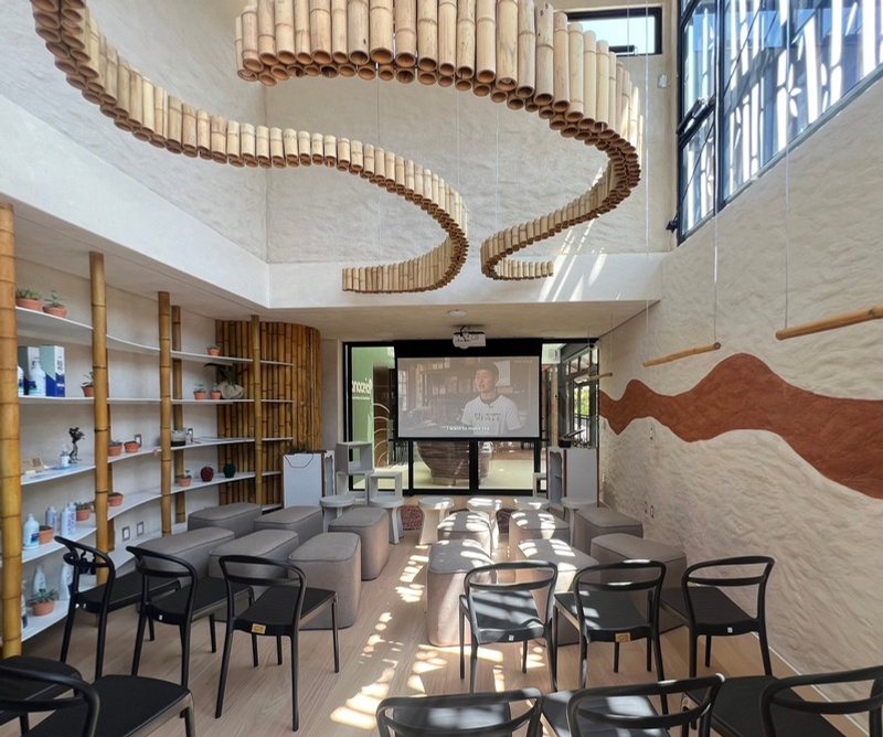 Sala de eventos da Panaceia com teto de bambu e projetor